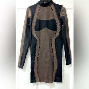 Elegant Black and Tan Striped Dress S/M